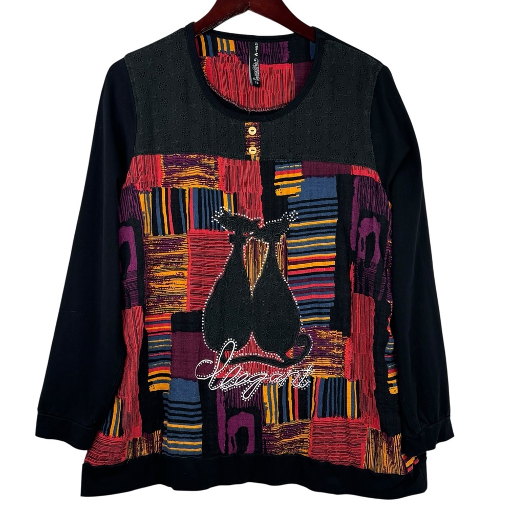 A-Win Black & Colourful Design Rhinestone Detailed Elegant Cats Silhouette Top L
